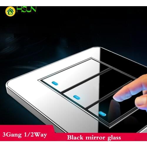 Tap the switch at any point Type 86 Black Mirror Glass 3Gang 1Way 2Way Wall Switch Panel with led fluorescent