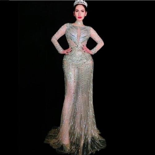 Newest Sparkly Design Perspective Long Dress Birthday Celebrate See Through Mesh Rhinestones Costume Evening Bar Clothing DT1031