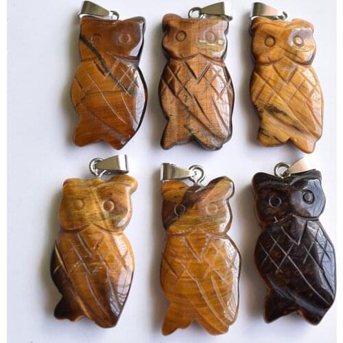 Wholesale 6pcs/lot fashion good quality carved natural tiger eye stone animals owl charms pendants for jewelry making free