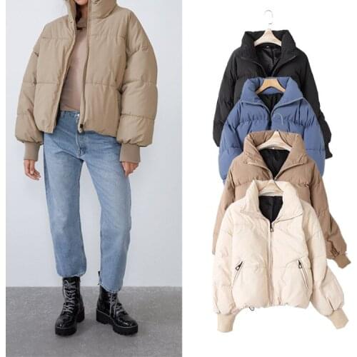 Casual Simple Style Solid Color Stitching Stand-up Collar Cotton Jacket 2021 Autumn Womens New Loose And Thin Zipper Jacket