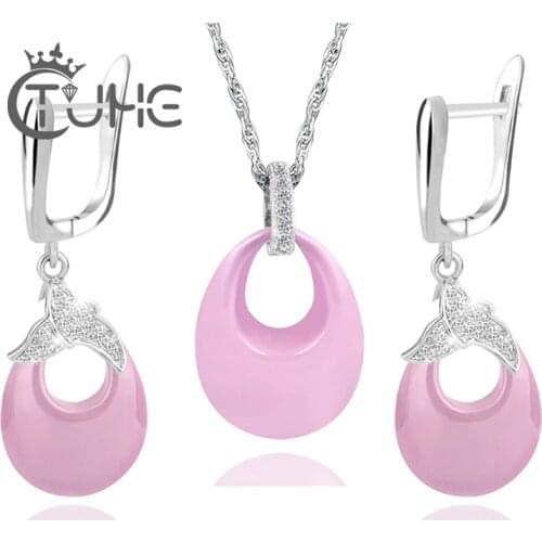 Pink Lovely Water Drop Jewelry Sets For Women Girl Ceramic Earrings & Necklaces Decoration Costume Wedding Accessories Christmas