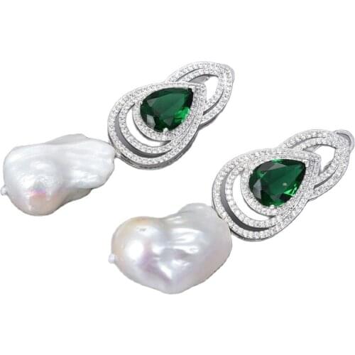 JK Cultured White Keshi Pearl Green Cz Rhinestone Stud Earrings
