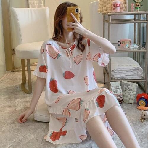 Cotton Blend Nightgown Women Short Sleeve Sleepdress O-Neck Sleepwear Summer Loose Print Nightwear Lingerie Home Dressing Gown