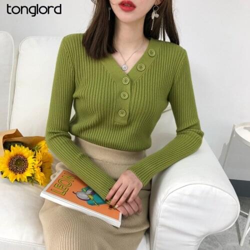 Candy Color Bottoming Sweater Tee For Women 2021 Autumn Winter Button Long Sleeve V-Neck Knitted Tops Fmale Solid Pullover Tops
