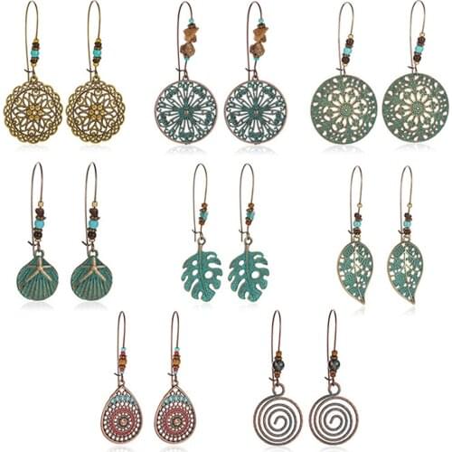 HOCOLE Vintage Retro Bronze Drop Earrings For Women Ethnic Leaves Flower Hollow Pendant Dangle Earring Bohemian Ladies Jewelry