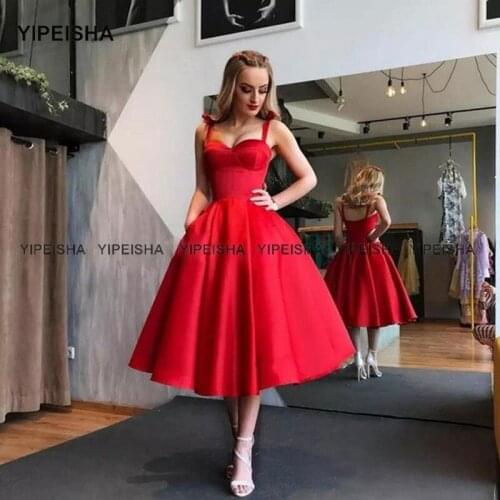 Yipeisha Vintage Tea-length Red Cocktail Dresses with Pockets A-line Satin Party Gown Short Vestido de Curto Plus Size