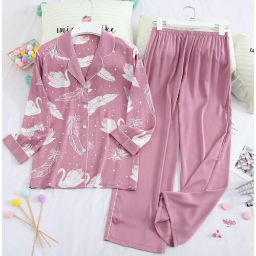 Lady 2PCS Pajamas Set Silk Satin Nightwear Long Sleeve Pijama Sleep Suit Spring Autumn New Sleepwear Print Home Clothes