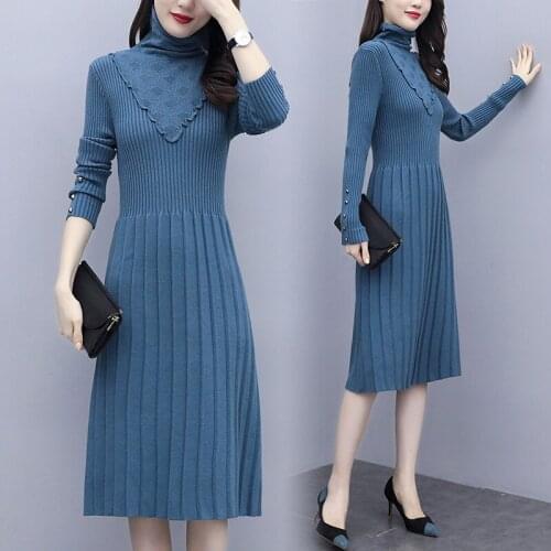 Elegant Long sleeve OL long Sweater dress women Thick knit Autumn Winter dress female Slim A-line basic dress casual