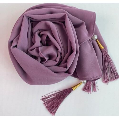 1 Pc Bubble Chiffon Solider Color Scarf Long Soft Wrap Scarf Shawl Scarves Femme Bufandas Beaded Pearls Hijabs Tassel Scarf