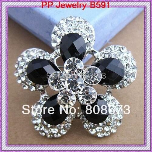 1 Piece Retail Vintage Black Resin And Crystal Flower Pin Brooch Luxury Wedding Bridal Brooch