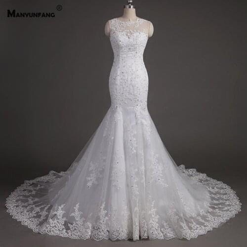100% Real O-Neck Sleeveless Embroidery Appliques Tulle Diamond Mermaid Wedding Dress Custom Made Chapel Train Bridal Gown