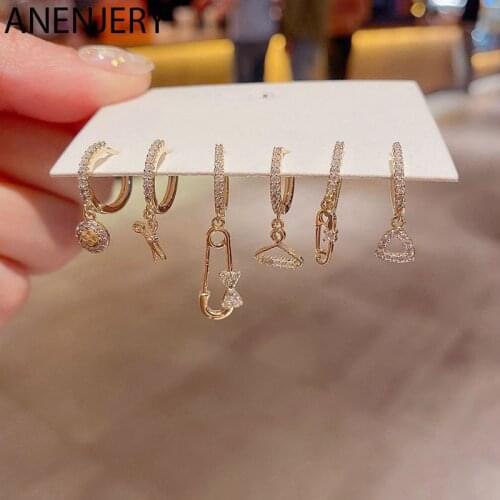 ANENJERY 6 pieces/set Star Scissors Pin Bow Earrings Set 925 Sterling Silver Zircon Earring Korean Fun Ear Buckle Accessories