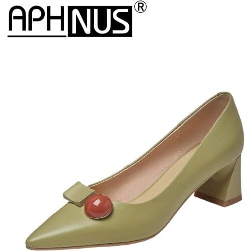 APHNUS Womens Shoes Bowtie Pointed Toe Rough Thick Mid High Heels Pumps Woman 2021 Shoes For Women New
