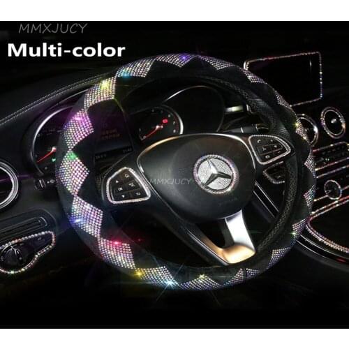 Cystal Bling Bling Car Steering Wheel Cover PU Leather Breathable Anti-slip 15''/38cm for Universal All Cars