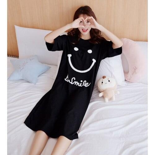 Cartoon Smiling face Long Night Dress Women Nightgown Oversize Sleepshirts Short-sleeves NightieNightdress Cotton Sleepwear