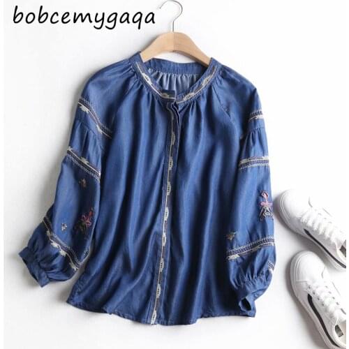 Long lantern sleeves denim shirt blouse women embroidery soft jeans shirt blue tops cute cotton blusas mujer young style blouse