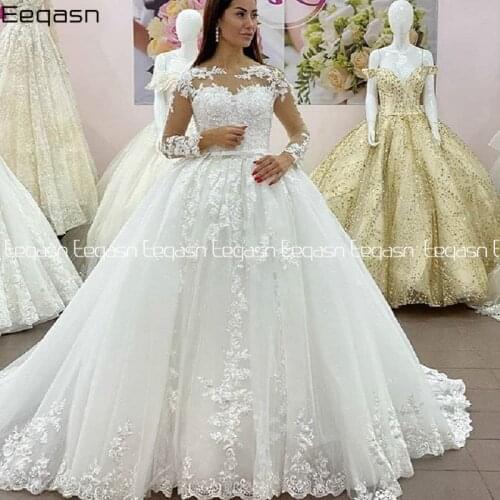 Eeqasn New Wedding Dress 2021 Detachable Train 2 In 1 Long Sleeve Sexy Lace Appliques Bride Dresses Vintage Bridal Gown