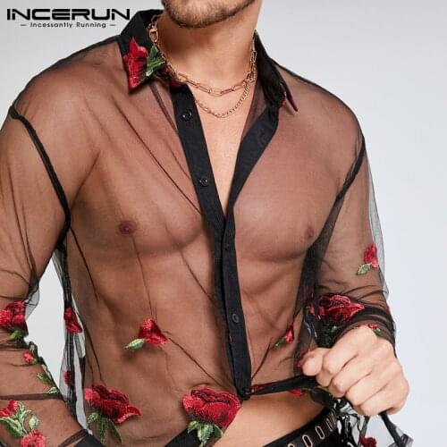 INCERUN 2021 Men Mesh Shirt See Through Rose Embroidered Streetwear Party Nightclub Men Clothing Sexy Long Sleeve Camisas S-5XL