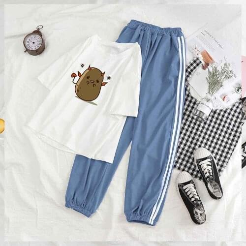 Kawaii Pajamas 2 Piece Set Women Trouser and Top Sleepwear Set Short Sleeve Angry Potatoes T Shirts & Trousers Summer Pijamas