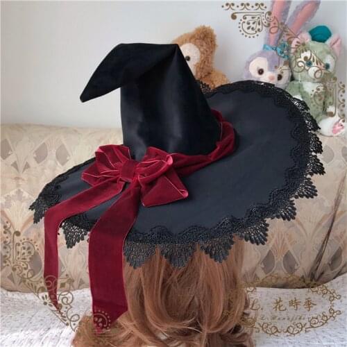 Witch Cap Halloween Gothic Lolita Magic Lace Trim Bowkont Party Masquerade Witch Hat Cosplay Costume Accessories Wizard hat