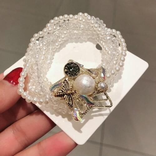 Korean Exquisite Bee Heart Sta Elasticr Hair Tie Rhinestone Pearl Hair Band Rubber Hairband Jewelry Headpiece Hair Accessories