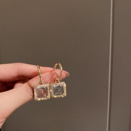Korean Fashion Shining Rhinestone Geometric Square Transparent Zircon Drop Earrings Exquisite Gold Plated Circle Hook Earrings