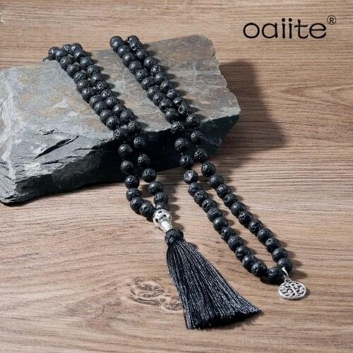 Mala Beads Necklace Meditation Natural Lava Necklace 108 Hand Knotted Japa Beaded Tassel Necklace with Tree Tree of Life Pendant