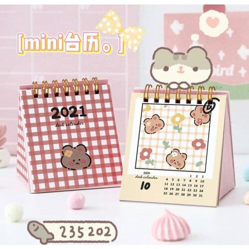 Kawaii Cute Bear Portable Mini Desk Calendar 2021 Storage Box Timetable Plan Creative School Stationery 2020.8-2021.12