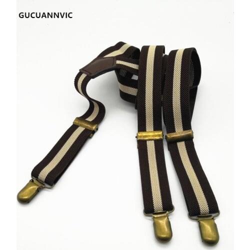 Fashion retro brown striped strap suspenders men and women Elastic and adjustable three-clip bronze clips mens braces