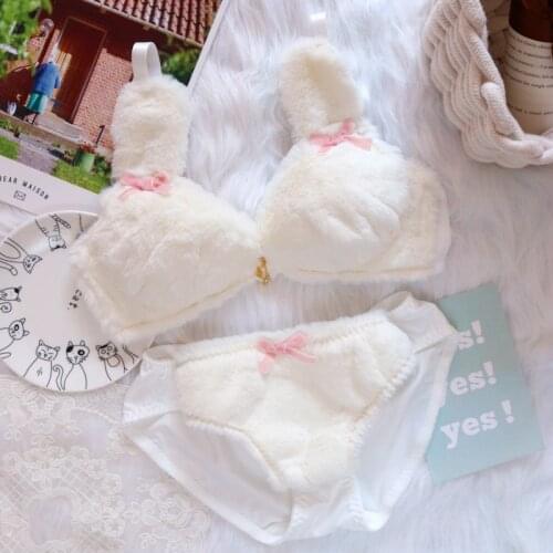 Winter plush Japanese style no steel ring bra set comfortable wire free lingerie with panties suit girl heart rabbit underwear