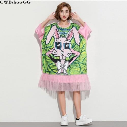 Plus Size Streetwear Dress Cartoon Print Sequins T-Shirt Dress 2020 Summer Women Casual Loose Mesh Patchwork Fashion Midi Dress