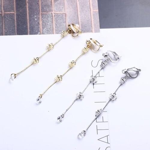Clip Earrings Tassel Chain Long Flower With Zircon Clip On Earrings Elegant Aesthetic Floral Ear Rings Accesories Women Ladies