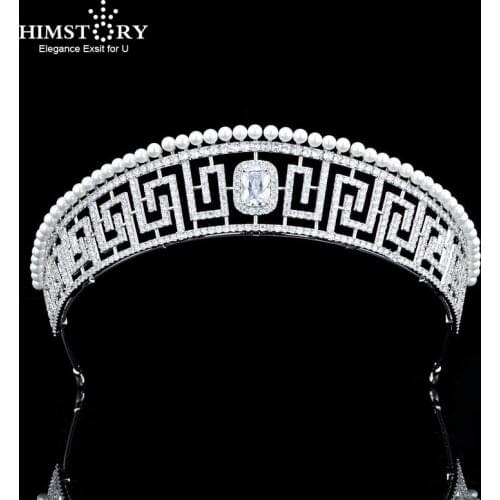 Himstory European Wedding Cubic Zirconia Tiaras Crowns Princess Freshwater Pearl Headpiece Prom Party Bridal Hair Accessories