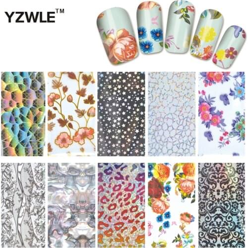 YZWLE 10 Designs Nail Art Full Tips Wraps DIY Nail Transfer Foil Decals Foils Polish Adhesive Wraps #XKT-N21
