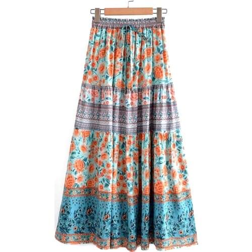 GypsyLady Floral Print Pleated Boho Skirt Cotton Summer Women Long Skirts Ruffles Elastic Waist Holiday Female Casual Chic Skirt