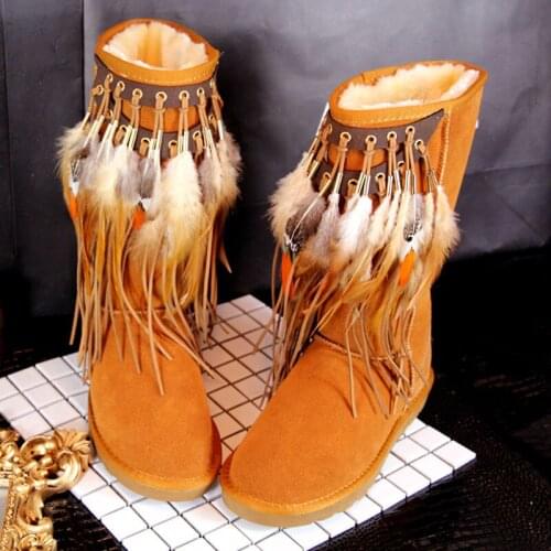 New Winter Folk Style Long Feather Tassel Retro Cow Suede Plush Snow Boots Shoes Women Handmade Mid Calf Warm Slip on Boots