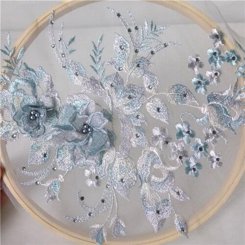 1 Pair Delicate 3D Flower Lace Trim Floral Tulle Embroidered Pearl Beaded Lace Applique Dress DIY Lace Fabrics Material