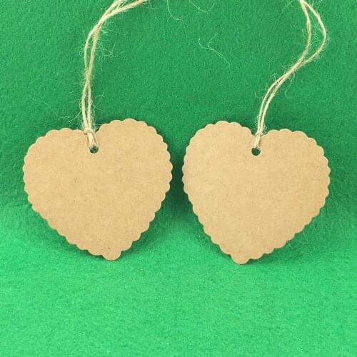 100Pcs Heart Greeting Cards + 100pcs string, Kraft Paper Wedding Party Gift Card Label Blank Luggage Tags Craft Paper 6.5x6cm