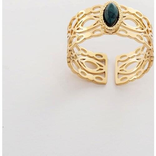 2021 Vintage Open Ring Inlaid with Turquoise Gold Color Hollow Stainless Steel Ring Female Jewelry Wedding Ring