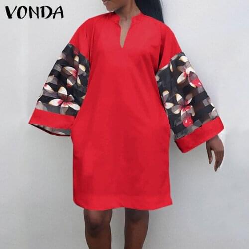 VONDA 2021 Women Dress Vintage Floral Printed Knee-Length Dress Office Ladies Sundress Bohemian Vintage Patchwork Party Vestido
