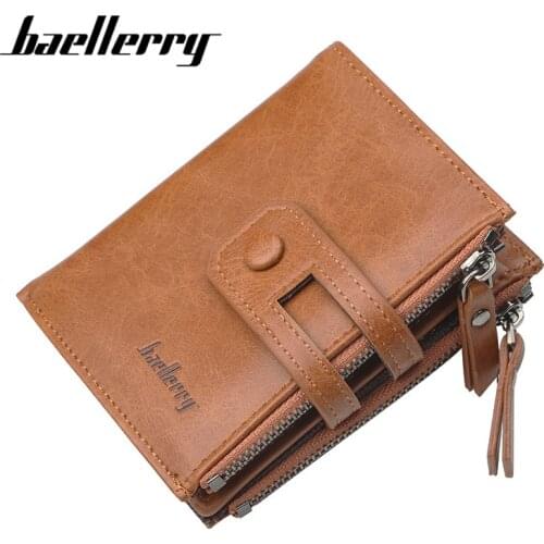 Baellerry Fashion Short Leather Mens Wallet With Zipper Coin Pocket Purse For Man Vintage Card Holders Double Money Bag
