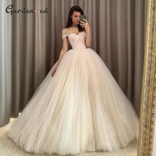 Tulle Ball Gown Off The Shoulder Wedding Dress 2021 Crystal Beading Peat Lace-Up Bridal Gown Plus Size Wedding Dresses