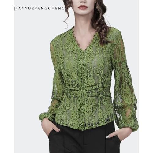 Lace Shirt Women' Long Sleeve V-Neck Hollow Out Mesh Blouse 2021 Autumn New Elegant Slim Folded Tunic Top