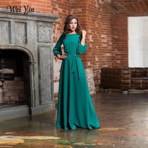 Weiyin AE0625 Chiffon Long Evening Dresses Long Lantern Sleeve With Sashes Floor Length Prom Dresses Special Occasion Dress