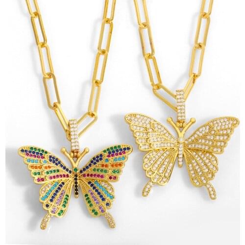 FLOLA Gold Curb Link Chain Butterfly Necklace For Women Micro Pave Big Pendant Necklace Collar CZ Stone Punk Jewelry Gift nket51