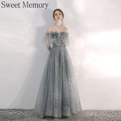 J1145 Sweet Memory Long Silver Gray Evening Dresses Celebrity Sequined Graduation Robes Soiree Dinner Wedding Party Dress Women