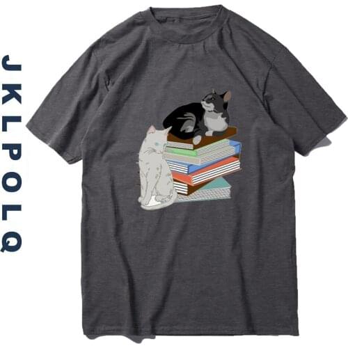JKLPOLQ 15Colors T-Shirt Womens Summer EU Size XS-3XL A Pile Of Books And 2 Cats Printing Tops Tees