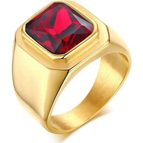 Keisha Lena Casual Men Ring Red CZ Stone Square Top Stainless Steel Gold Color Daily Male Alliance Jewelry Size