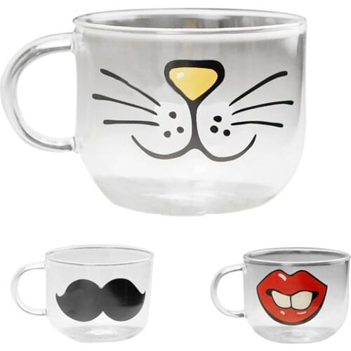 Kitten Face/Moustache/Red lips PATTERN JUICE MILK WATER CLEAR GLASS GLASSES CUP BEVERAGE DRINK MUG