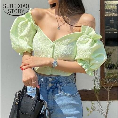 Bubble Sleeve Summer Sweet Womens Blouse Korean Slash-Neck Sexy Shirt Folds 2021 Fashion Casual Loose Tops Blusas Mujer 15368